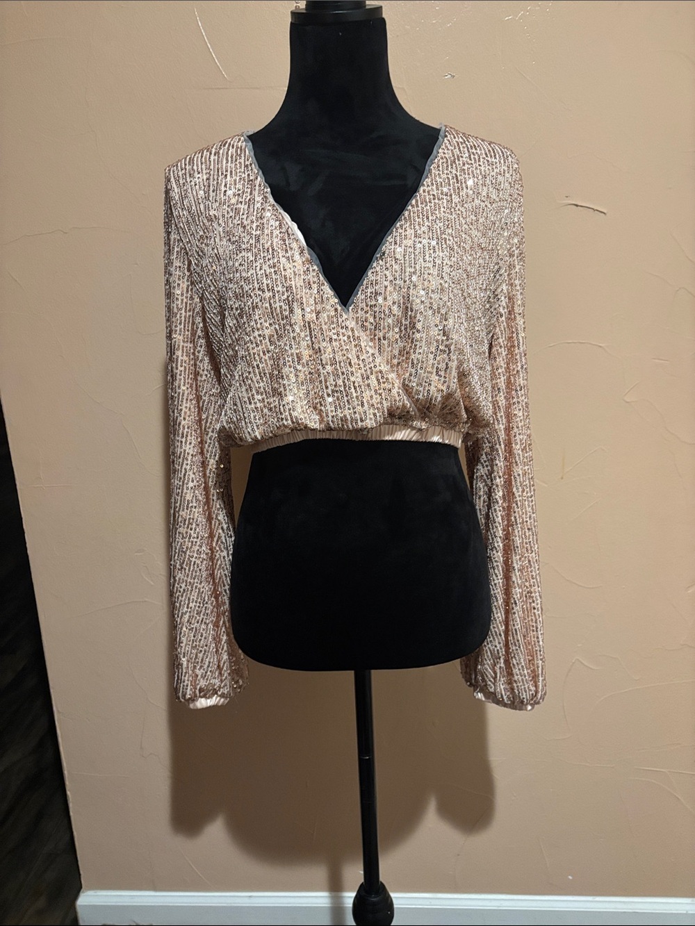 American Rag Champagne Sequin Long Sleeve Wrap Crop Top